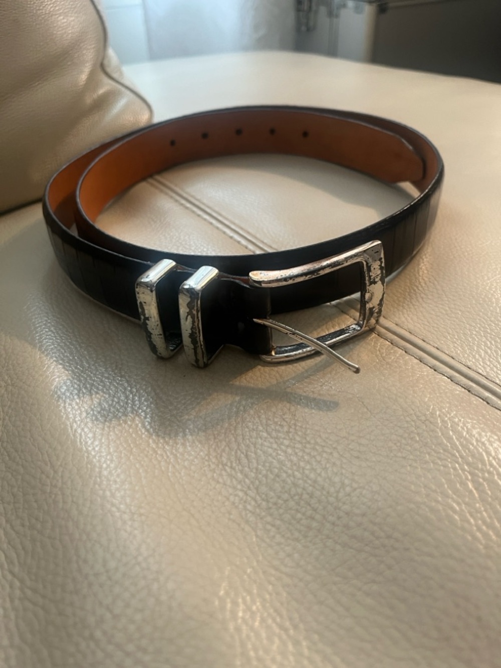 Paul Fredrick Black alligator grain Italian Leather Belt with Silver Buckle 38